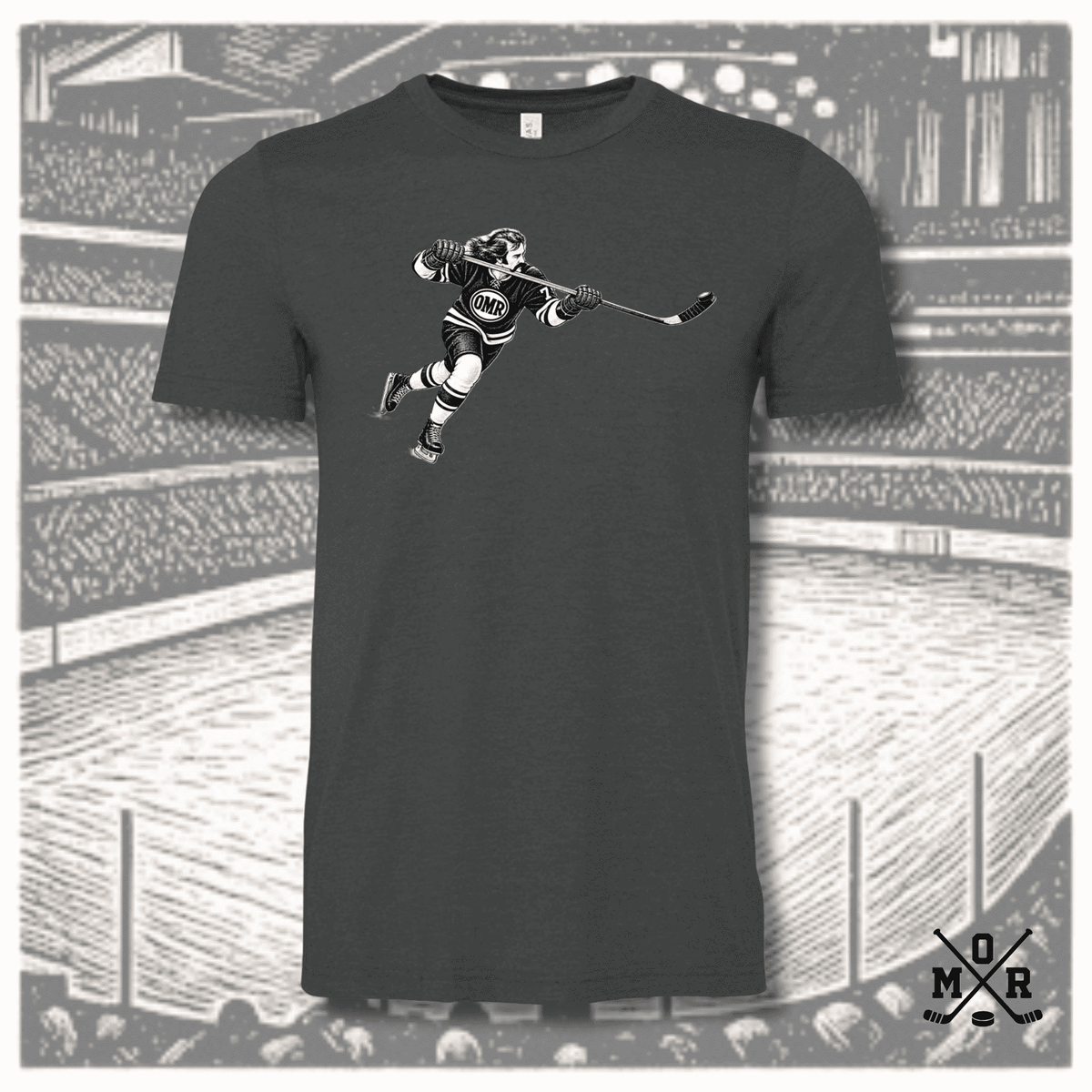 Heathered charcoal Bella+Canvas 3001 t-shirt featuring vintage hockey graphic and arena scene