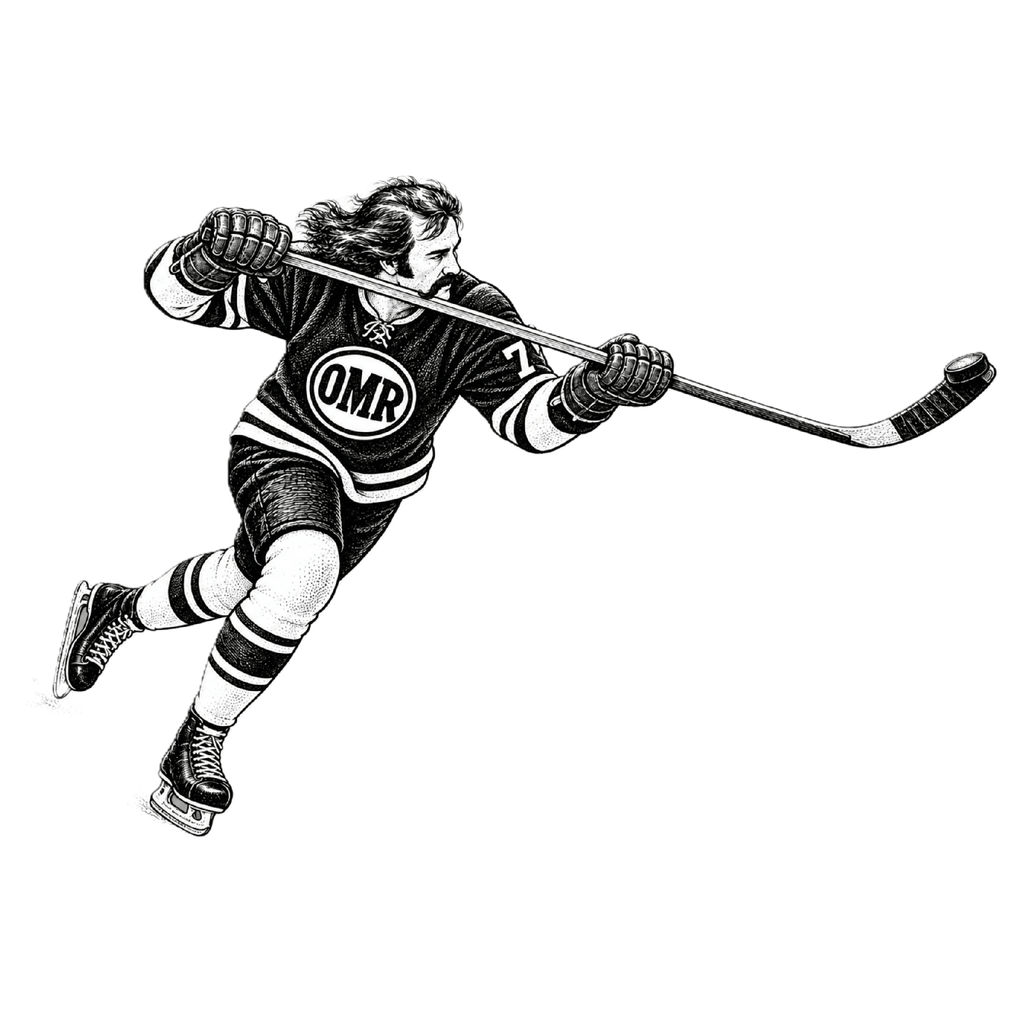 Vintage hockey player pen-and-ink illustration with handlebar mustache and OMR crest on white background