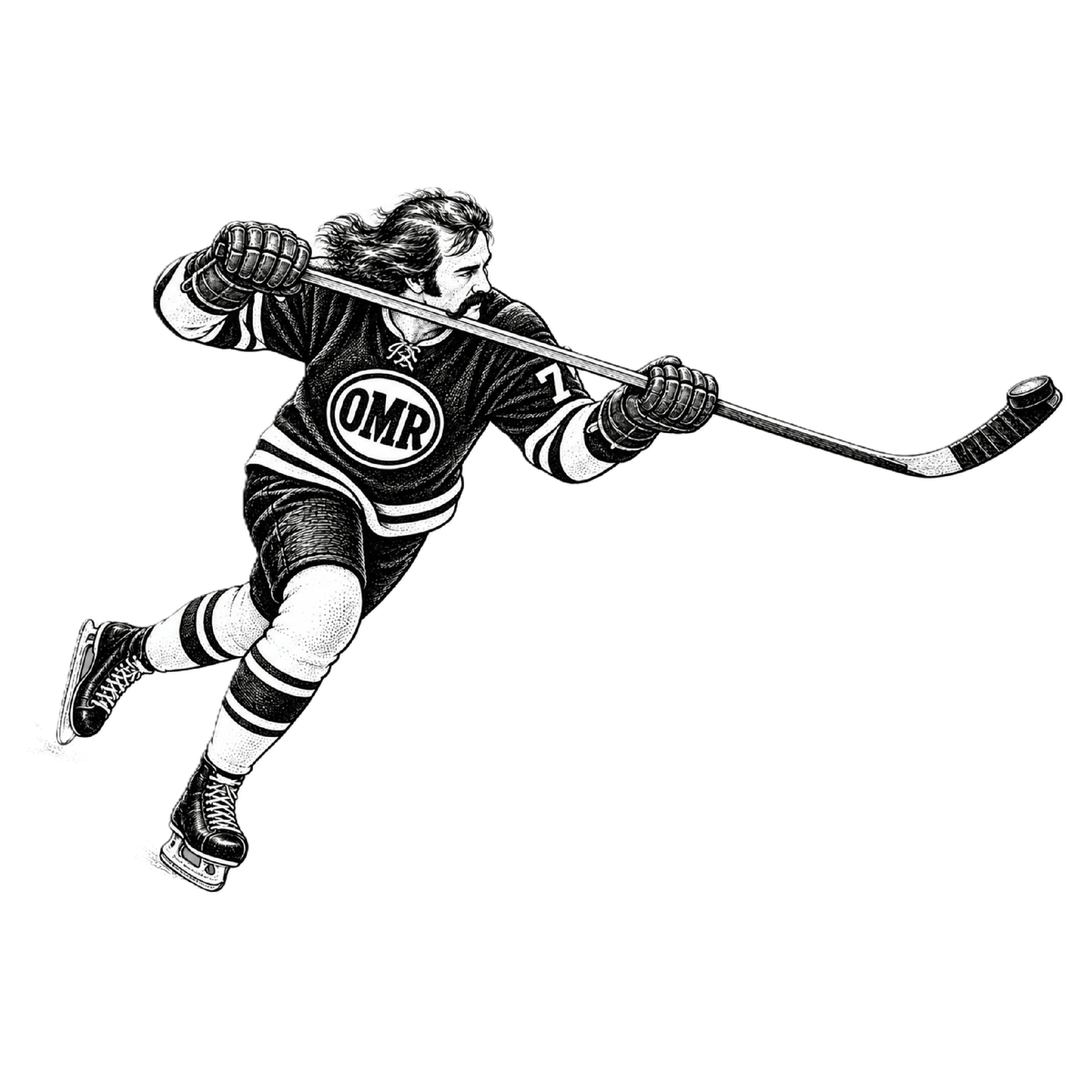Vintage hockey player pen-and-ink illustration with handlebar mustache and OMR crest on white background
