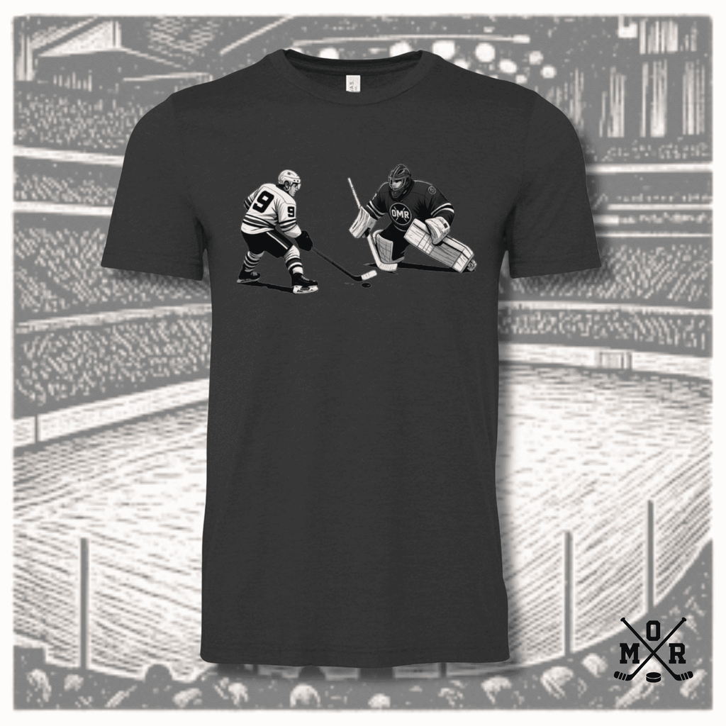 Men's dark heather charcoal hockey t-shirt with comic book shootout graphic