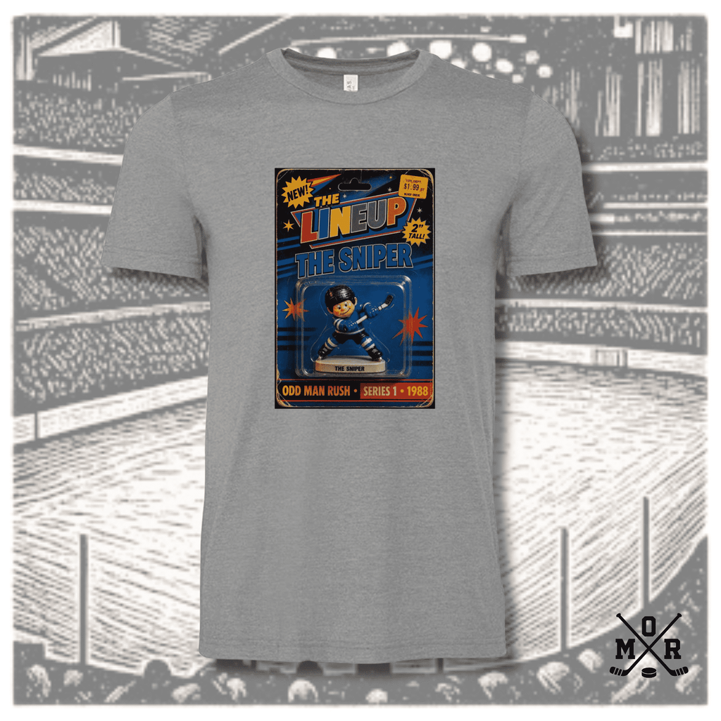 The Sniper Retro Hockey T-Shirt in heather grey with vintage 1988 toy package graphic