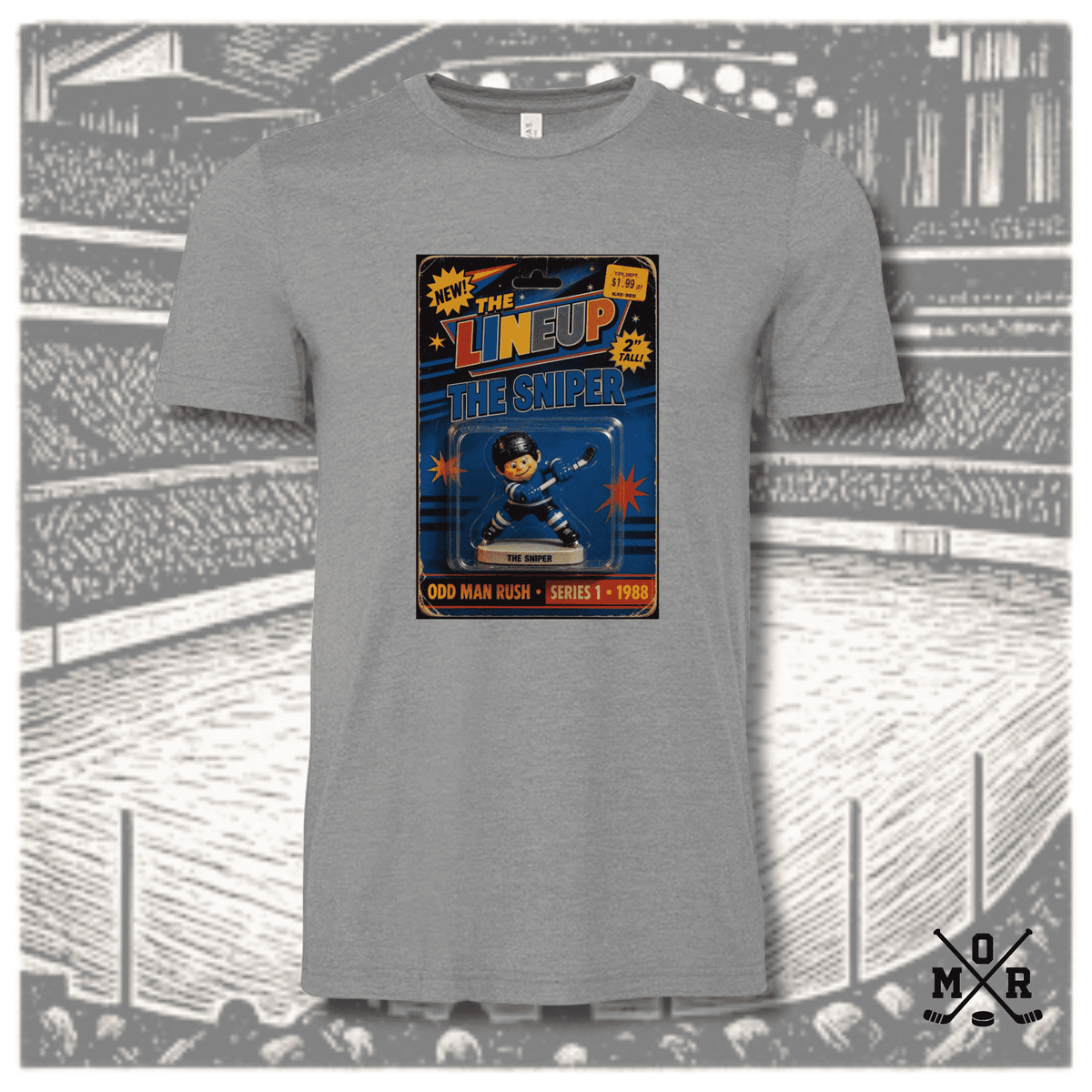 The Sniper Retro Hockey T-Shirt in heather grey with vintage 1988 toy package graphic