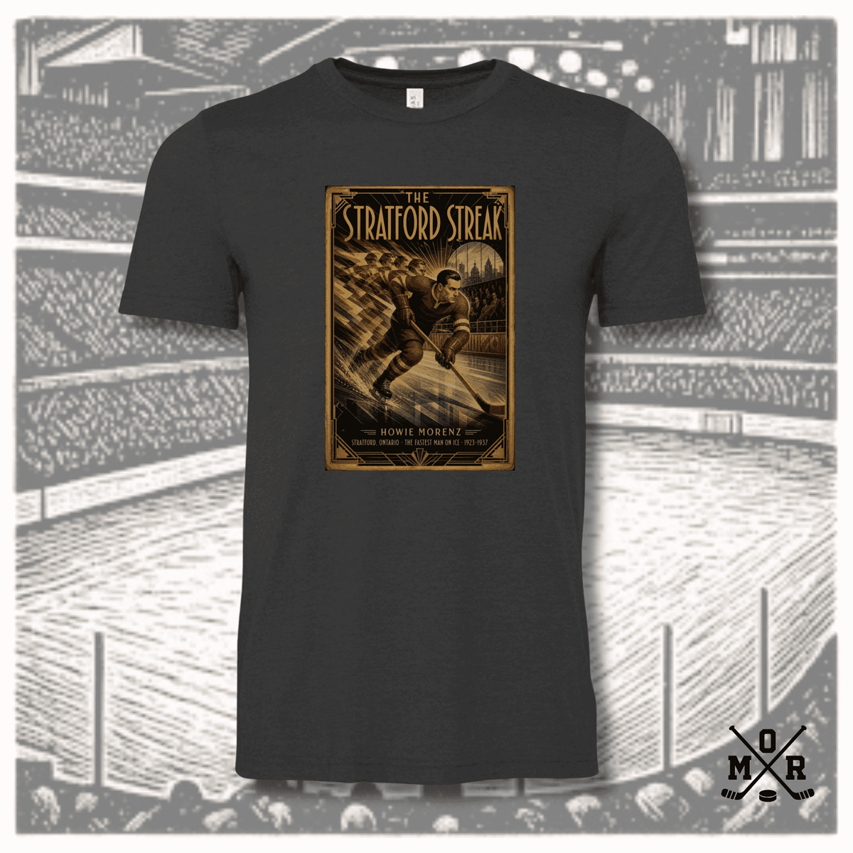 Dark charcoal heather hockey legend t-shirt with vintage sepia graphic of Howie Morenz skating