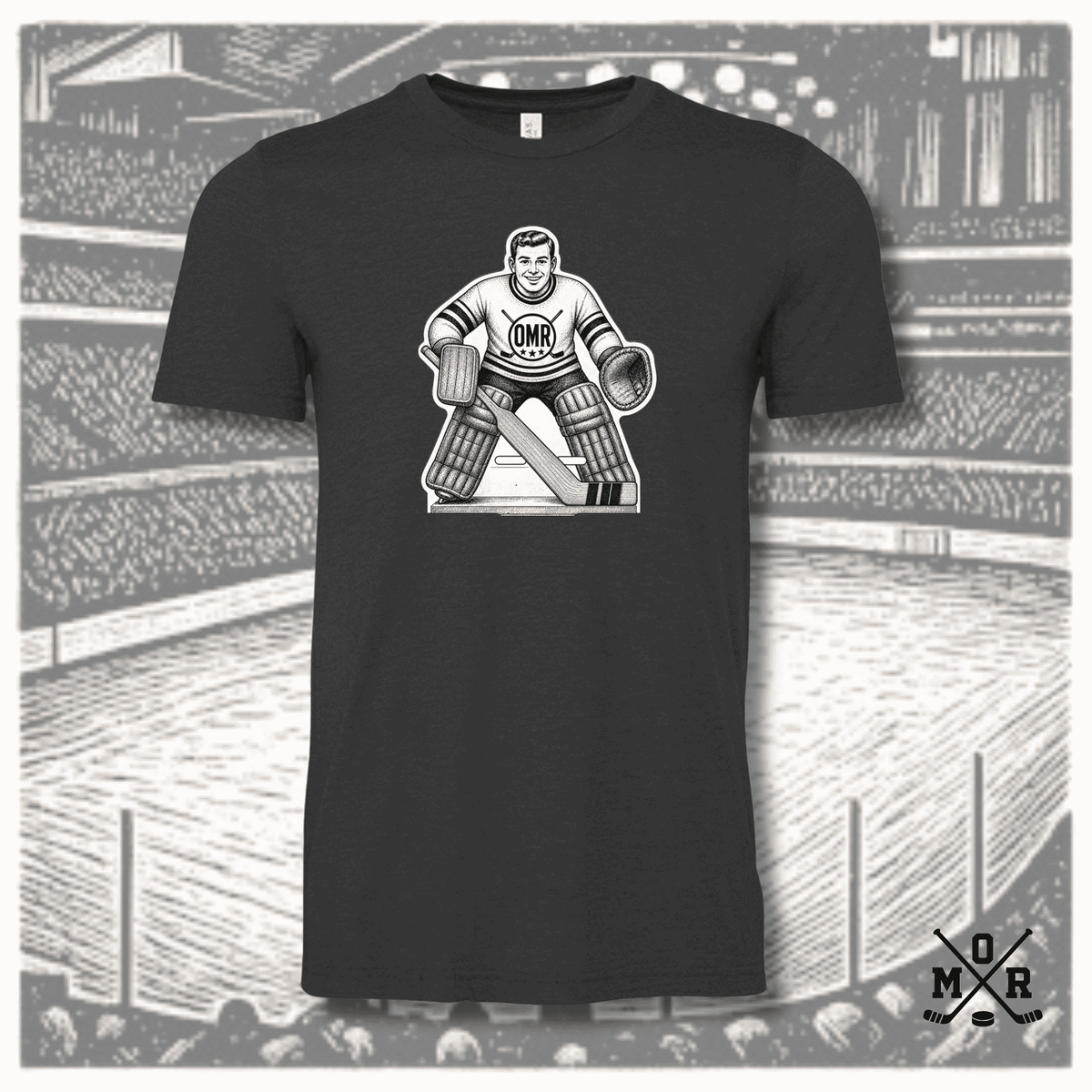Vintage table hockey goalie t-shirt in dark charcoal heather with white pen and ink illustration of striped sweater netminder