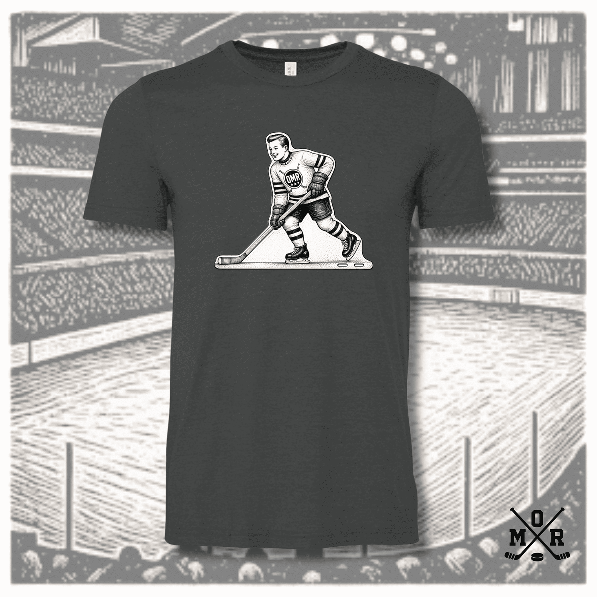 Vintage table hockey skater graphic on dark heather charcoal Bella+Canvas tee