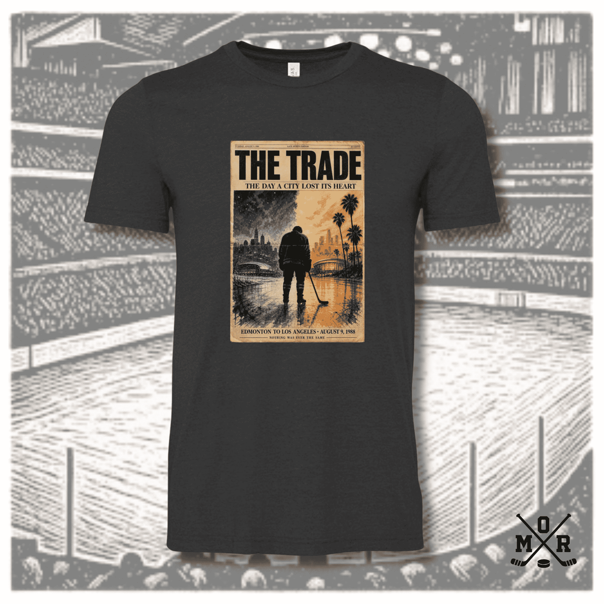 Dark charcoal heather hockey t-shirt with vintage newspaper graphic of Gretzky trade Edmonton to Los Angeles
