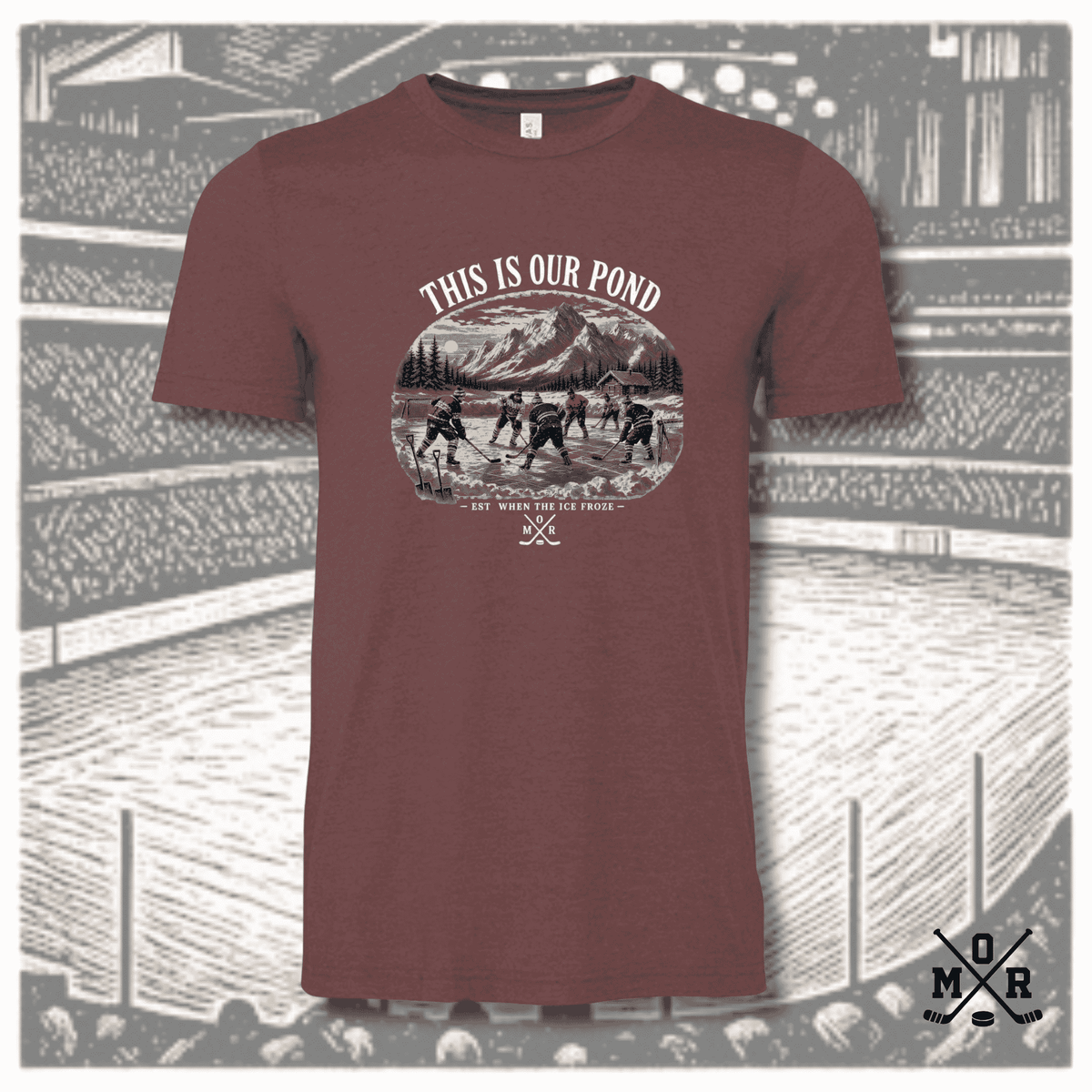 Heathered maroon Bella+Canvas 3001 t-shirt with vintage 70s national park pond hockey graphic