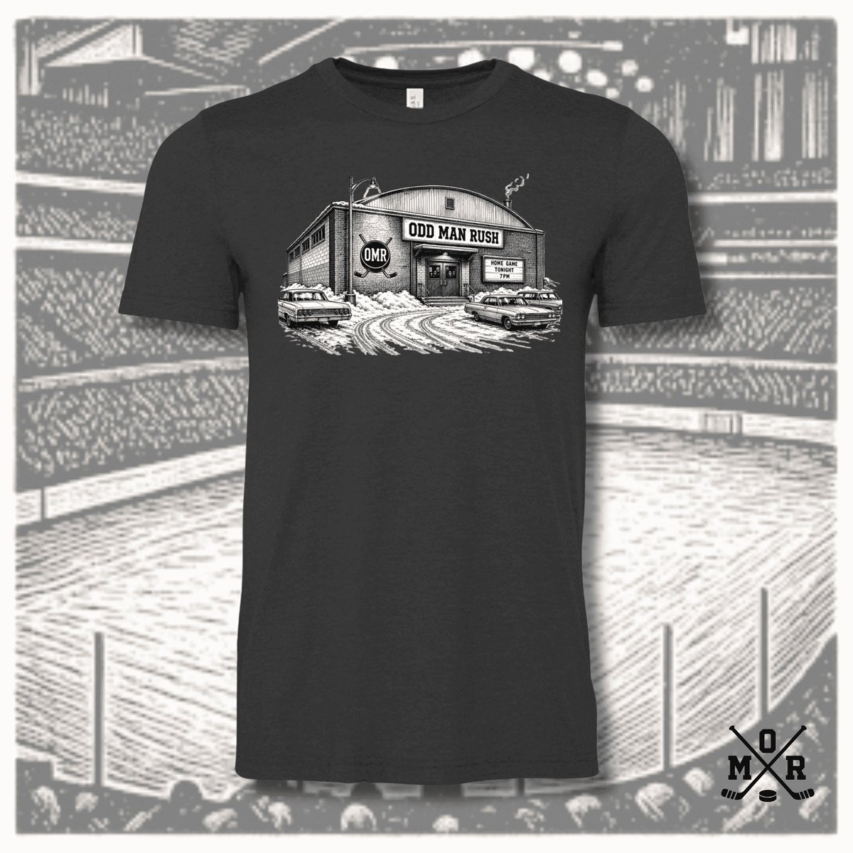 Charcoal heather Bella+Canvas unisex T-shirt with Odd Man Rush vintage arena graphic print