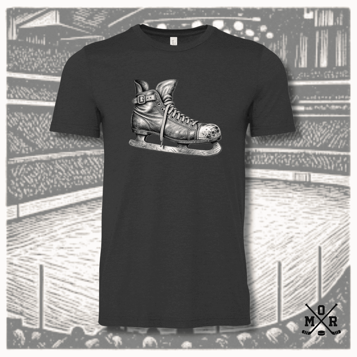 Vintage hockey skate pen-and-ink illustration on black crew neck t-shirt with retro arena background