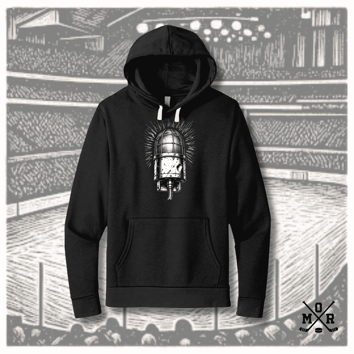 Black vintage hockey goal light hoodie with pen-and-ink illustration