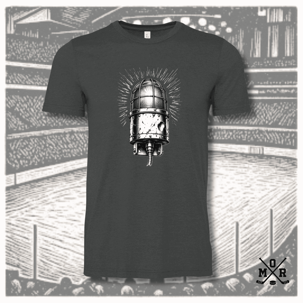 Vintage hockey goal light graphic on dark heather charcoal Bella Canvas unisex T-shirt
