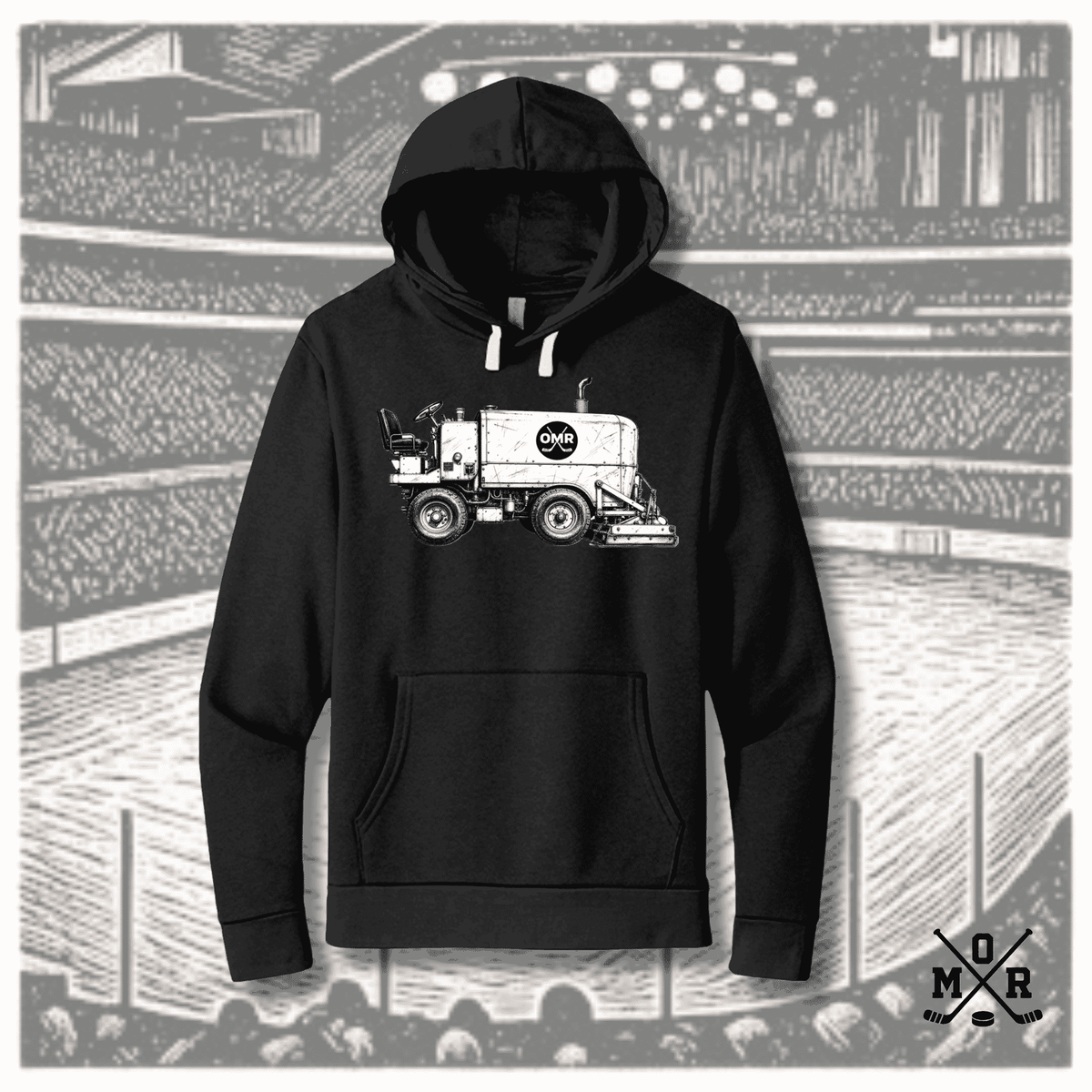 Black Next Level 9370 vintage hockey hoodie with white Zamboni illustration and OMR crest