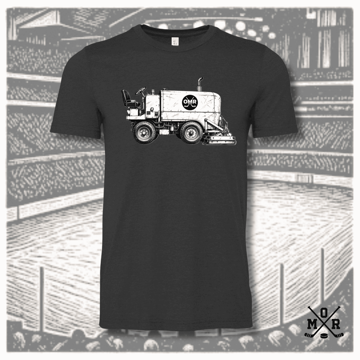Men's charcoal heather vintage hockey Zamboni t-shirt with pen-and-ink illustration and OMR crest logo