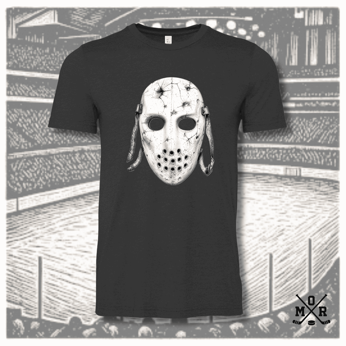 Heathered charcoal grey vintage hockey goalie mask graphic t-shirt