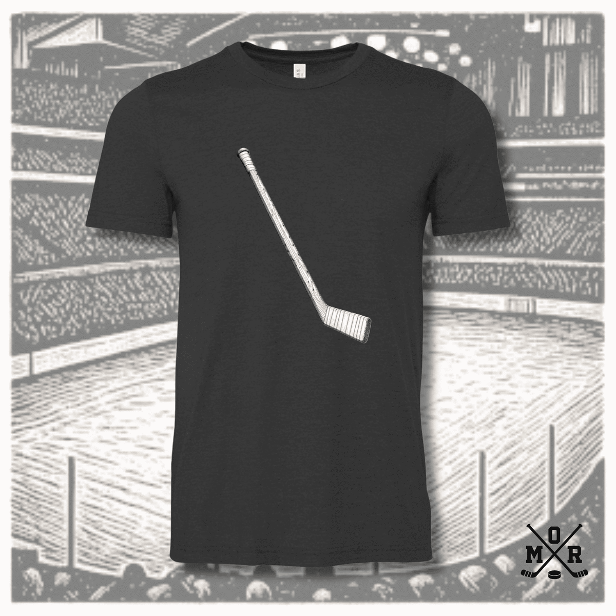 Charcoal heather vintage hockey T-shirt with pen-and-ink wood grain stick illustration