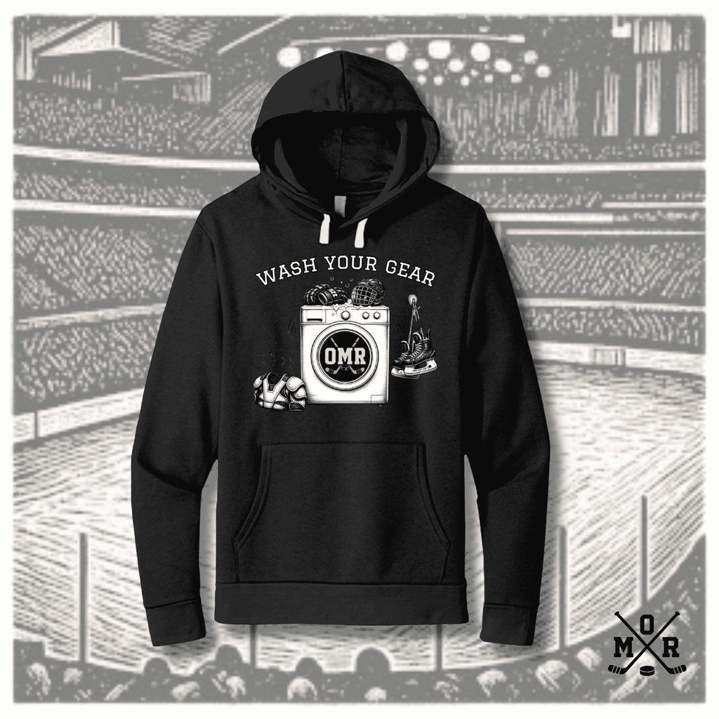 Funny hockey hoodie with 'Wash Your Gear' washing machine graphic, black pullover sweatshirt for men