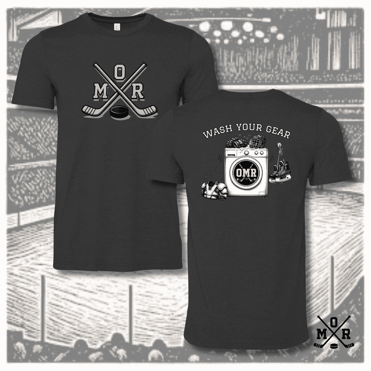 Funny hockey t-shirt with Wash Your Gear washing machine graphic and OMR crossed sticks design on charcoal grey crew neck tee