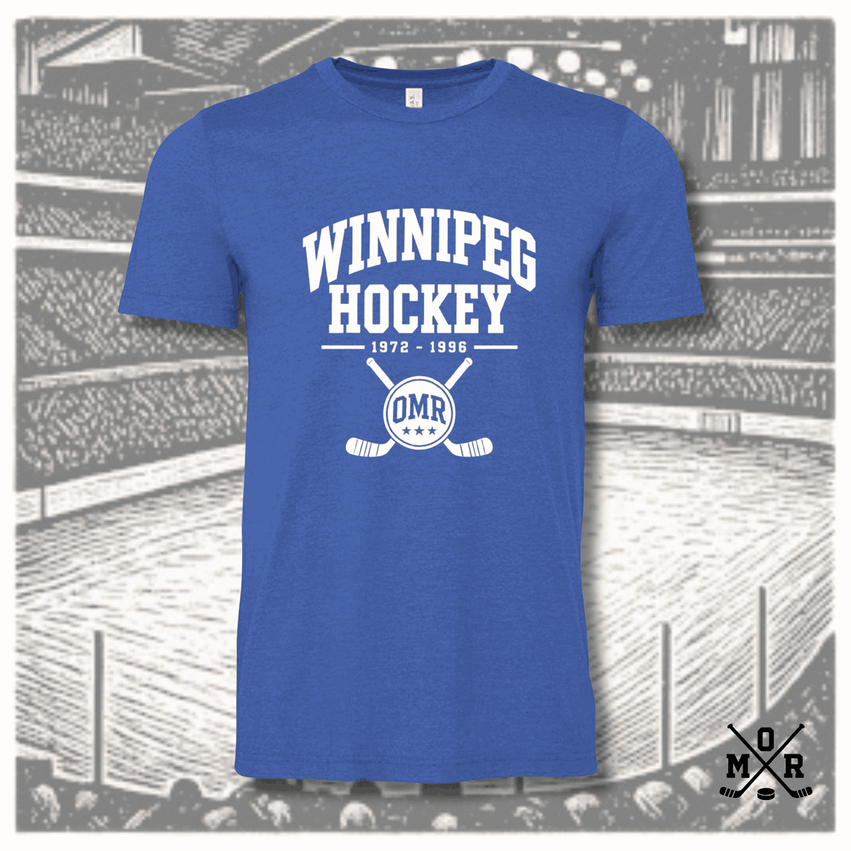 Heather royal blue Winnipeg Hockey vintage t-shirt with white arched text and crossed sticks crest