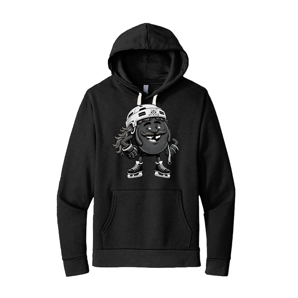 A black pullover hoodie with a cartoon graphic of a hockey player wearing a helmet