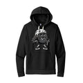 A black pullover hoodie with a cartoon graphic of a hockey player wearing a helmet