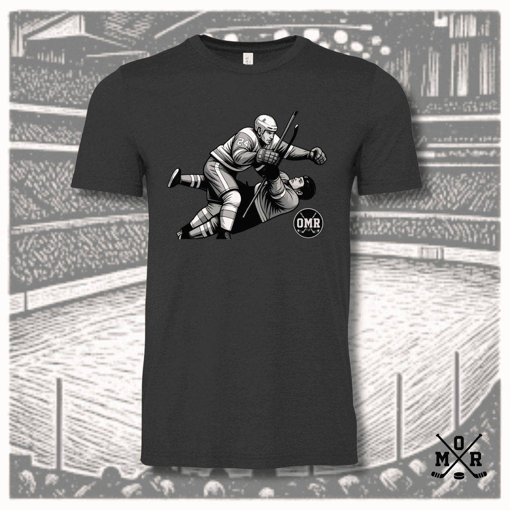 Dark charcoal heather comic book hockey t-shirt with black and white body check illustration